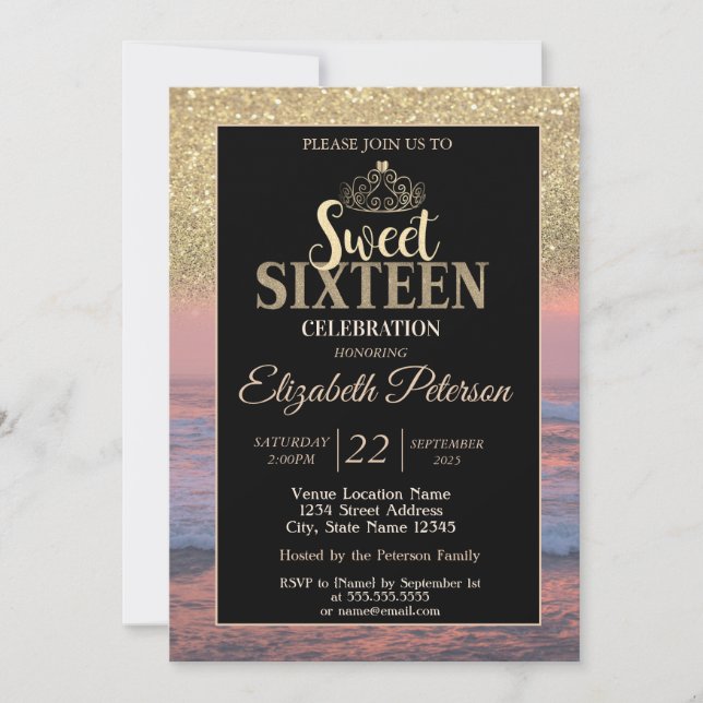 Invitación Dorado Tiara Purpurina Bokeh Beach Sunset Sweet 16 (Anverso)