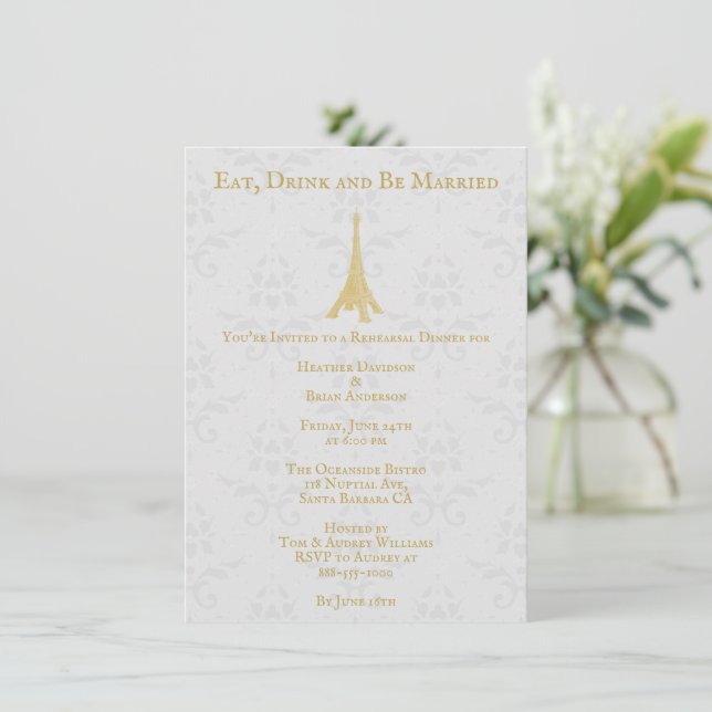 Invitación Dorado Torre Eiffel Damask Ensayo de bodas Cena (Anverso de pie)