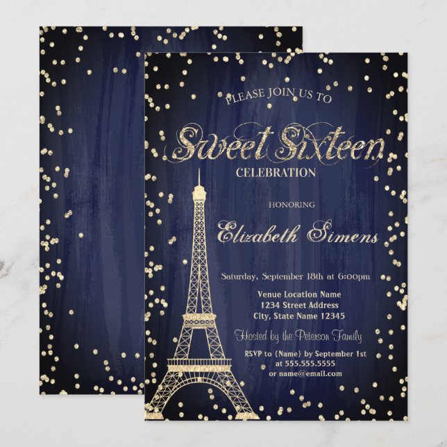 Invitación Dorado Torre Eiffel de la Marina de los Diamantes  (Anverso / Reverso)