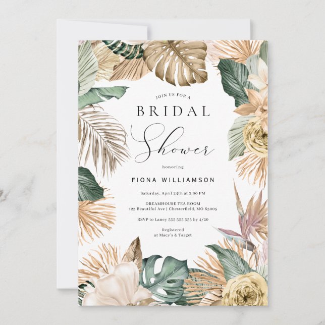 Invitación Dorado Tropical Palm Beach Bridal Shower (Anverso)