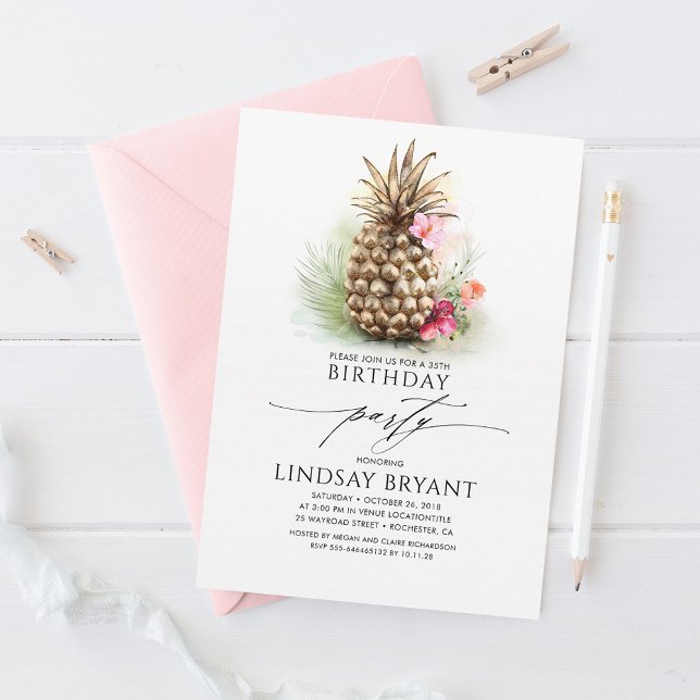 Invitación Dorado Tropical Pineapple Beach Floral Cumpleaños (Subido por el creador)