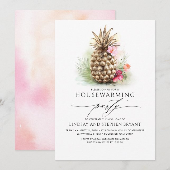 Invitación Dorado Tropical Pineapple Beach Floral Hogar Calen (Anverso / Reverso)