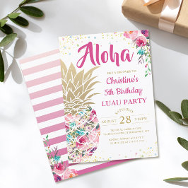 Invitación Dorado Tropical Rosa Piña Floral Luau Cumpleaños