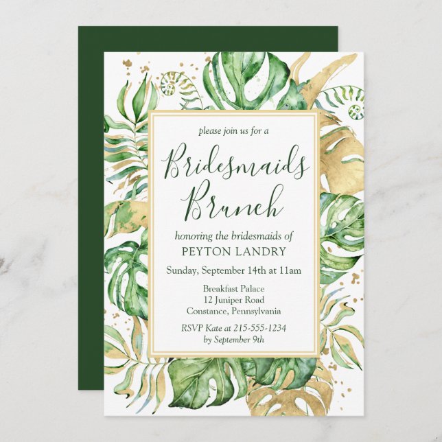 Invitación Dorado tropical y damas de honor verdes Brunch (Anverso / Reverso)