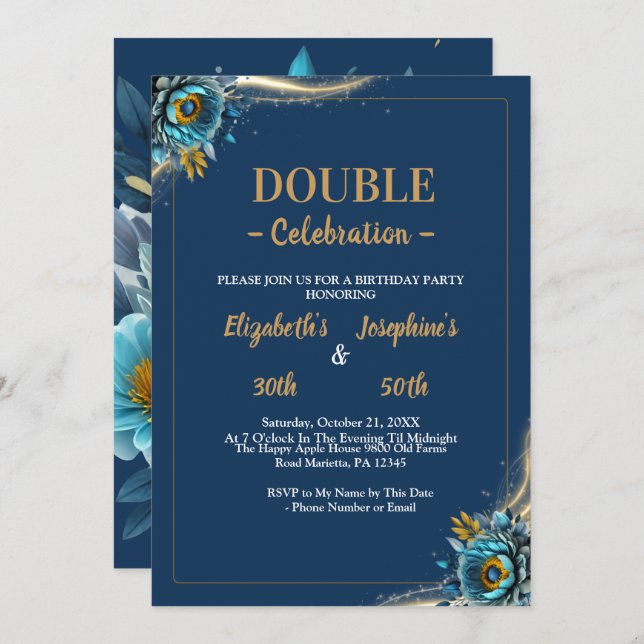 Invitación Dorado Turquoise floral doble cumpleaños (Anverso / Reverso)