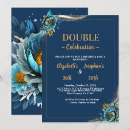 Invitación Dorado Turquoise floral doble cumpleaños