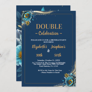 Invitación Dorado Turquoise floral doble cumpleaños