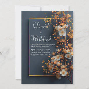 Invitación Dorado Vara de Oro Blanco Floral Pizarra Azul Boda