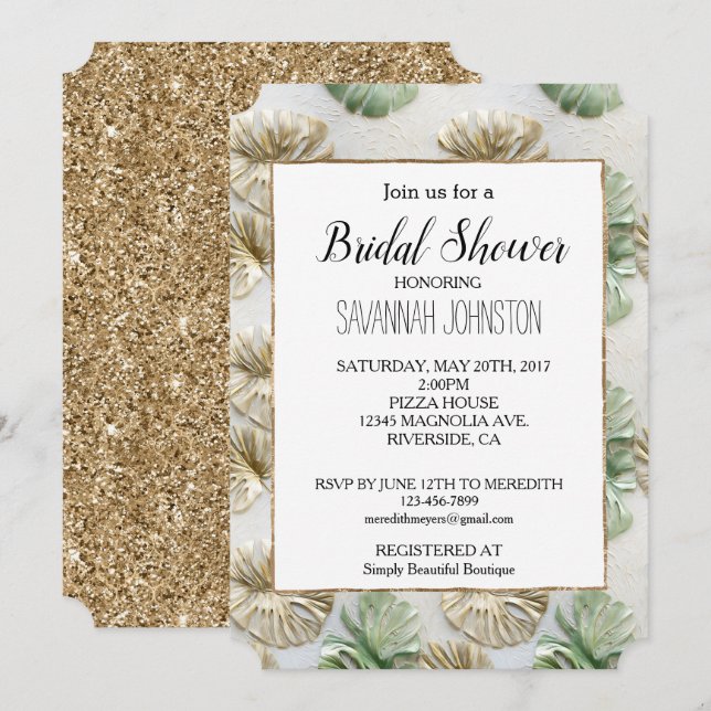 Invitación Dorado Verde Blanco Tropical Sale de Ducha Británi (Anverso / Reverso)