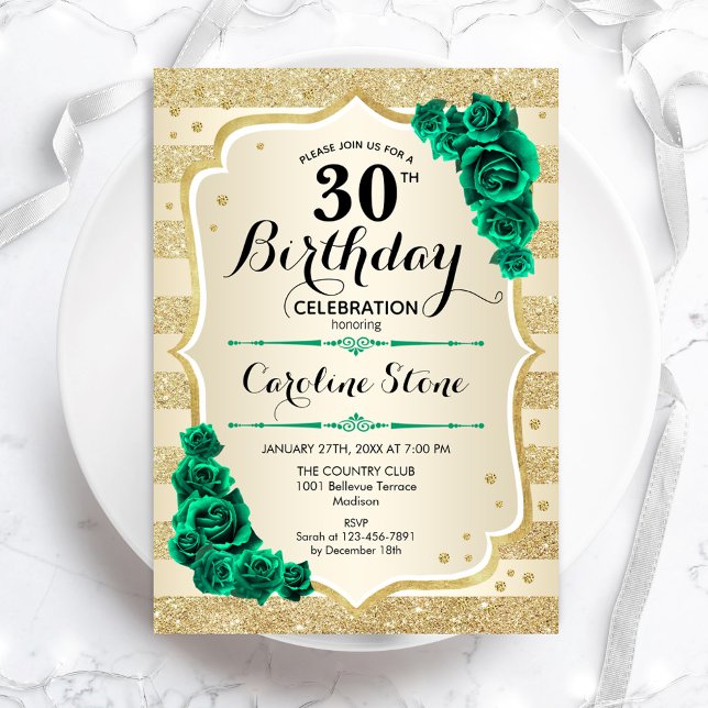 Invitación Dorado Verde Elegante Floral 30 cumpleaños (Subido por el creador)