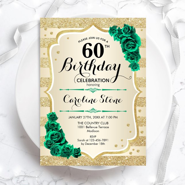 Invitación Dorado Verde Elegante Floral 60 cumpleaños (Subido por el creador)