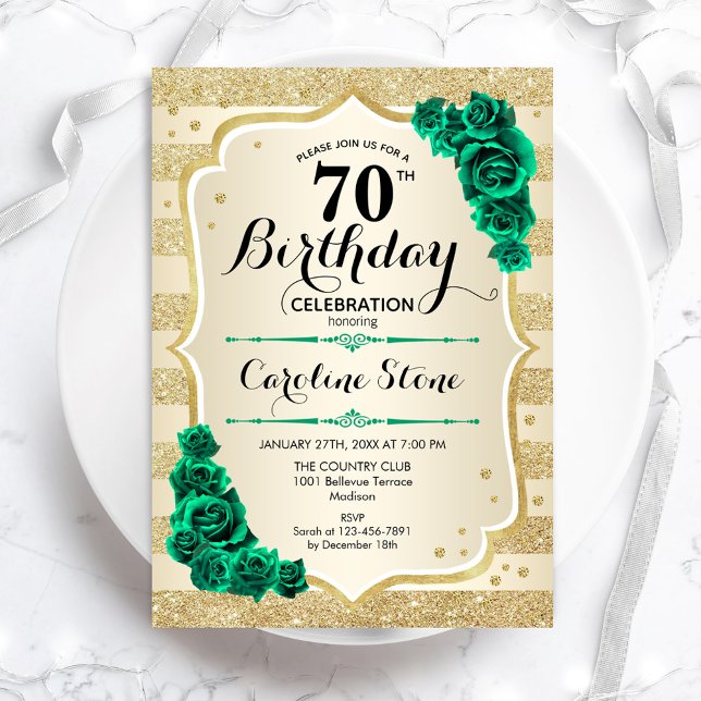 Invitación Dorado Verde Elegante Floral 70 cumpleaños (Subido por el creador)