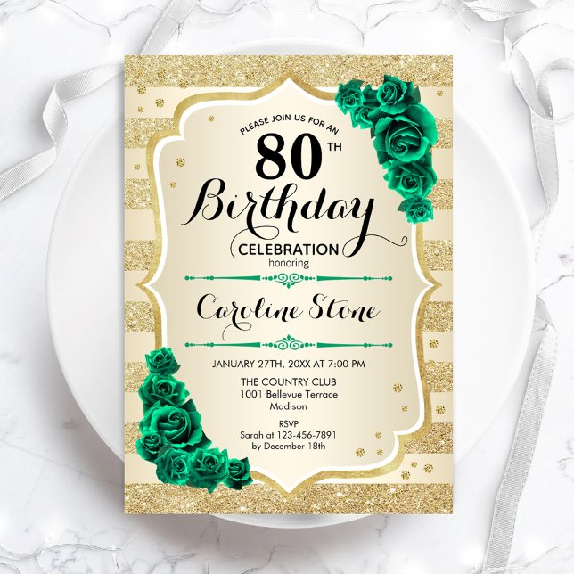 Invitación Dorado Verde Elegante Floral 80 cumpleaños (Subido por el creador)