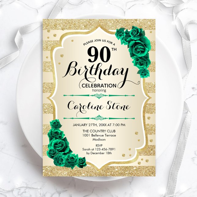 Invitación Dorado Verde Elegante Floral 90 cumpleaños (Subido por el creador)