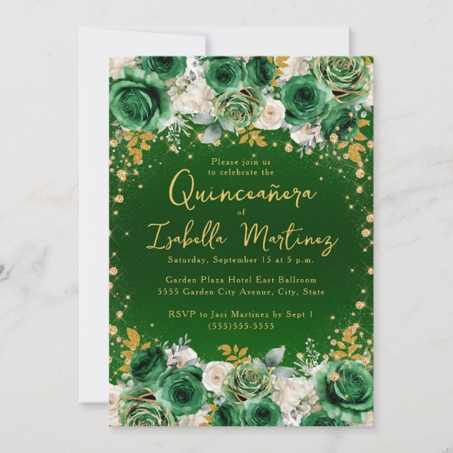 Invitación Dorado verde esmeralda Floral Quinceañera dulce 15 (Anverso)