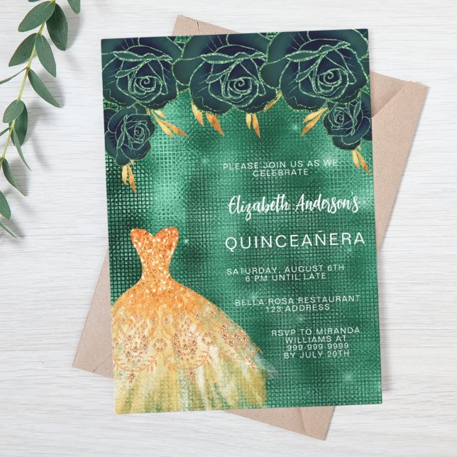 Invitación Dorado verde esmeralda vestido de lujo florido Qui (Subido por el creador)