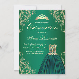Invitación Dorado verde esmeralda vestido de Quinceanera deco