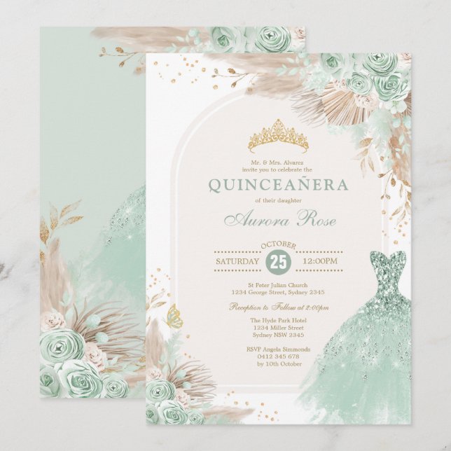Invitación Dorado verde sabio Quinceañera Boho 15º cumpleaños (Anverso / Reverso)