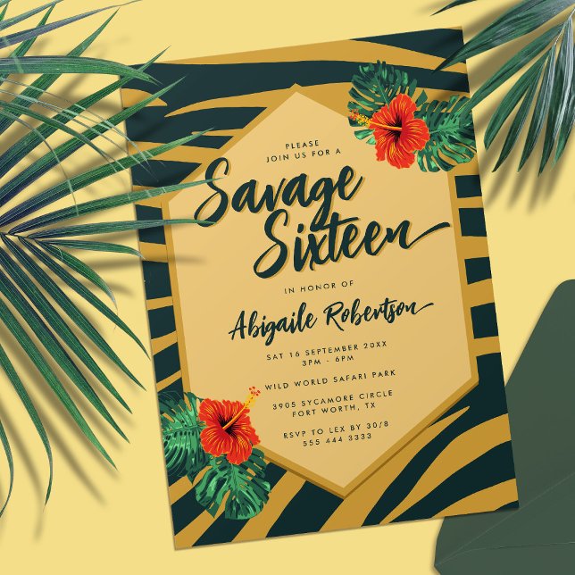 Invitación Dorado Verde Tropical Floral Zebra Dulces Dieciséi (Tropical Green Gold Zebra Floral Sweet Sixteen Invitation)