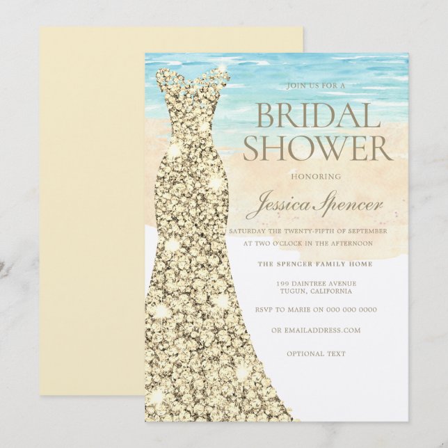 Invitación Dorado Vestido Beachy Bridal Shower (Anverso / Reverso)