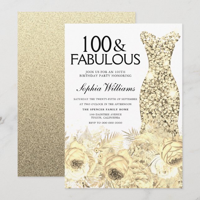 Invitación Dorado Vestido Floral 100 y fabuloso cumpleaños 10 (Anverso / Reverso)