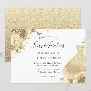 Invitación Dorado Vestido Floral 40 cumpleaños Cuarenta y fab