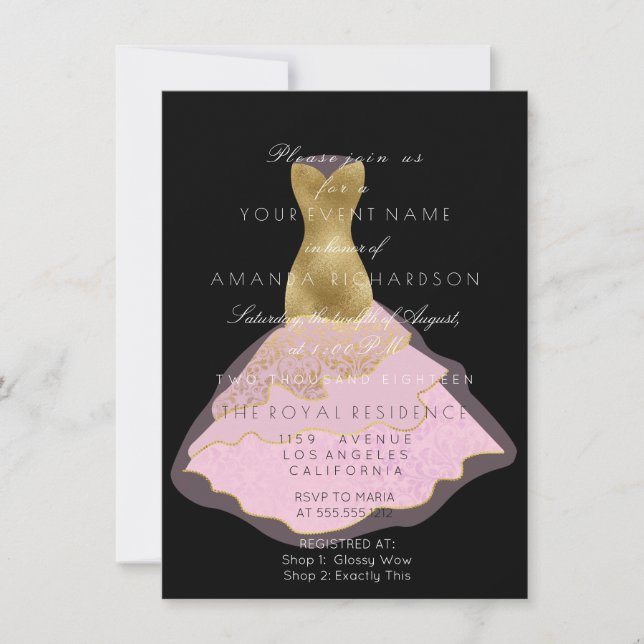 Invitación Dorado vestido negro Sparkly rosa 16 cumpleaños de (Anverso)
