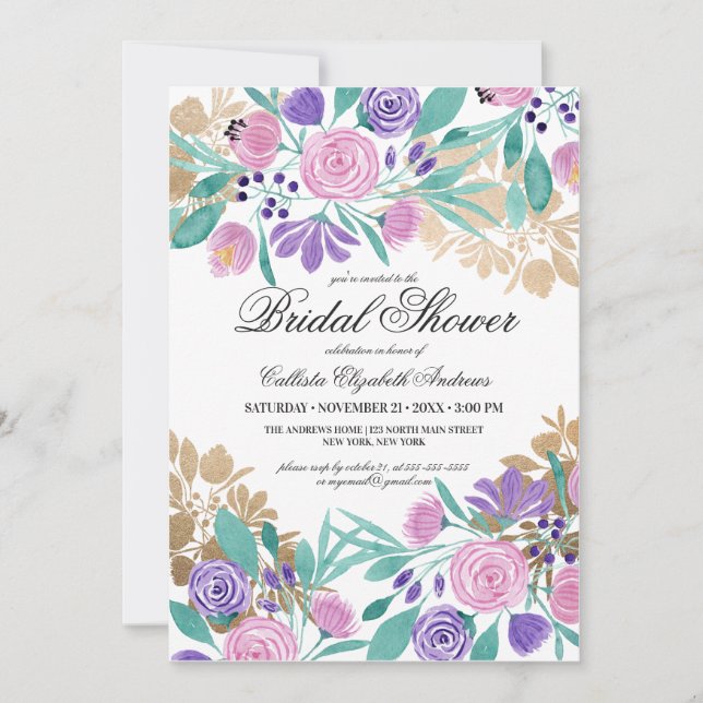 Invitación Dorado Violeta Rosa Floral acuática Británica Duch (Anverso)