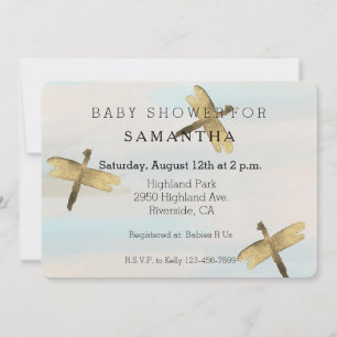 Invitación Dorado Watercolor Dragonfly ducha bebé