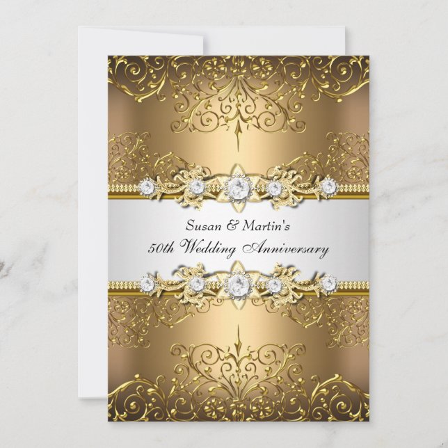Invitación Dorado White Floral Swirl 50 Aniversario del Boda (Anverso)