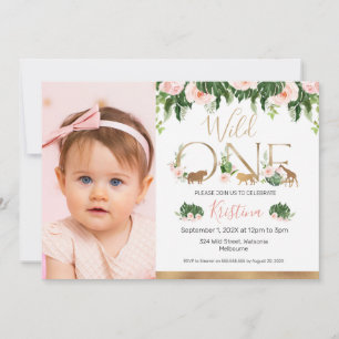Invitación Dorado Wild One Floral Safari foto de cumpleaños