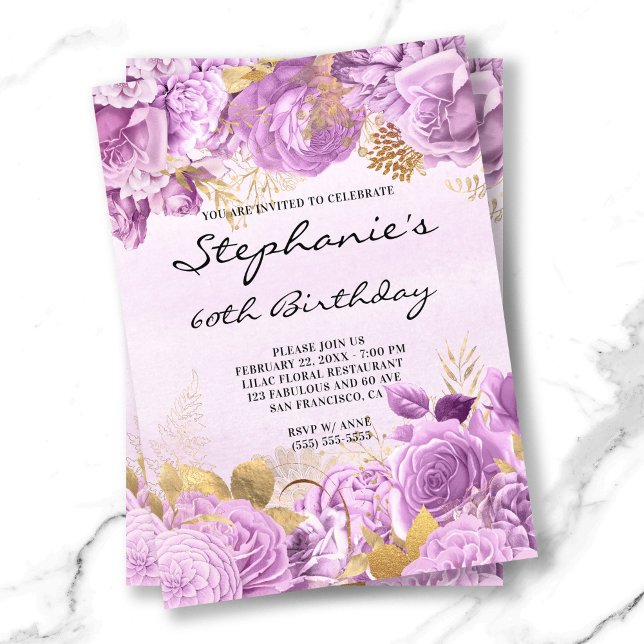 Invitación Dorado y acuarela floral de Lilac 60 cumpleaños (Gold and Lilac Floral Watercolor 60th Birthday Invitation)