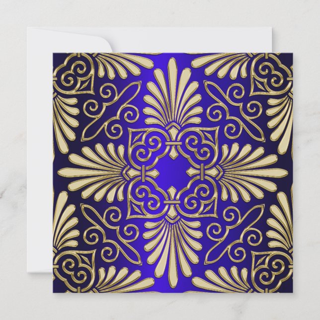 Invitación Dorado y azul Art Deco Damask Ducha de novia (Anverso)