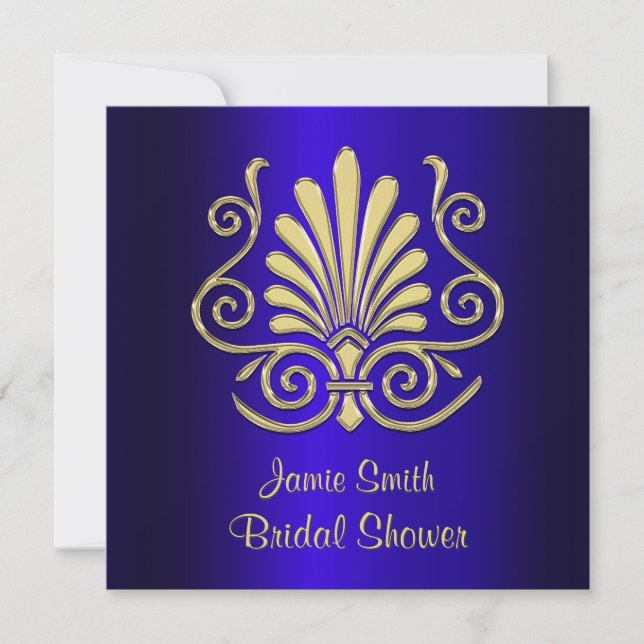 Invitación Dorado y azul Art Deco Damask Ducha de novia 2 (Anverso)