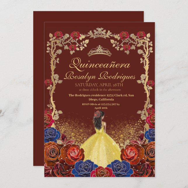Invitación Dorado y Borgoña Rojo Belleza Quinceanera y lo mej (Anverso / Reverso)