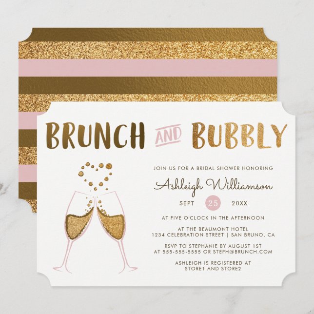 Invitación Dorado y brunch rosado y Boda burbujeante ducha de (Anverso / Reverso)
