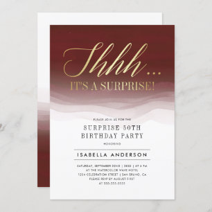 Invitación Dorado y Burgundy Red Watercolor Surprise Cumpleañ