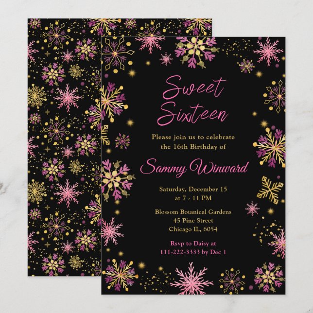Invitación Dorado y copos de nieve rosados dulces dieciséis (Anverso / Reverso)