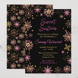 Invitación Dorado y copos de nieve rosados dulces dieciséis