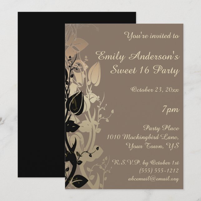 Invitación Dorado y elegante negro dulce 16 cumpleaños (Anverso / Reverso)