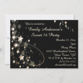 Invitación Dorado y estrella de Hollywood negro dulce 16 cump