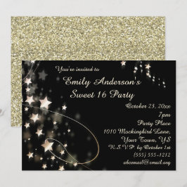 Invitación Dorado y estrella de Hollywood negro dulce 16 cump