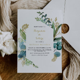 Invitación Dorado y eucalipto verde Ducha de novia española