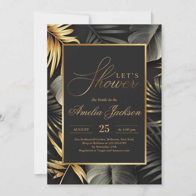 Invitación Dorado y hojas tropicales negras ducha de novia (Anverso)