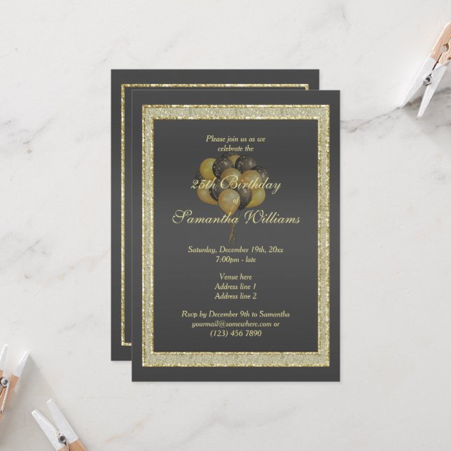 Invitación Dorado y negro, Purpurina y globos Cumpleaños (Anverso/Reverso In Situ)