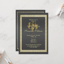 Invitación Dorado y negro, Purpurina y globos Cumpleaños