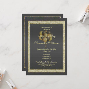 Invitación Dorado y negro, Purpurina y globos Cumpleaños