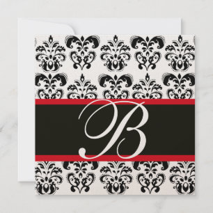 Invitación DORADO Y NEGRO  ROJO  DAMASCO MONOGRAMA , blanco