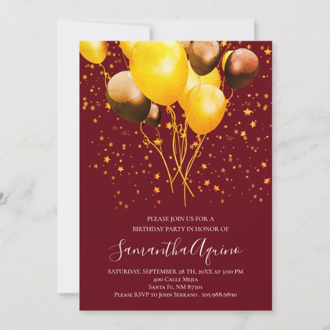 Invitación Dorado y Oro Rojo Estrella de los Globos Confetti  (Anverso)