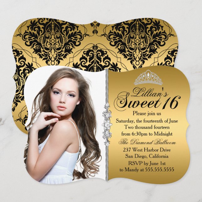 Invitación Dorado y princesa negra Tiara Sweet 16 cumpleaños (Anverso / Reverso)